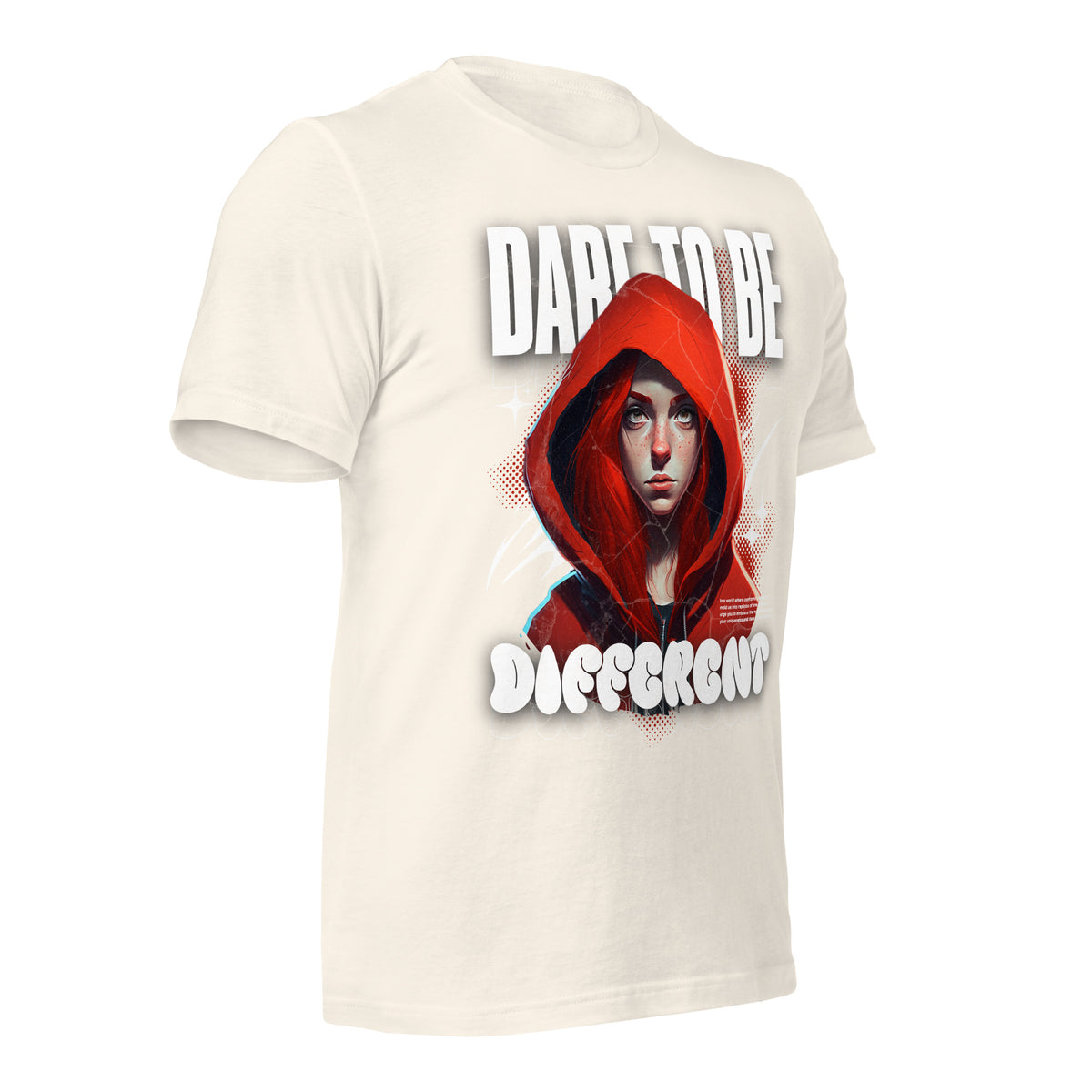Vintage white graphic tee with hooded woman print on back, crew neck