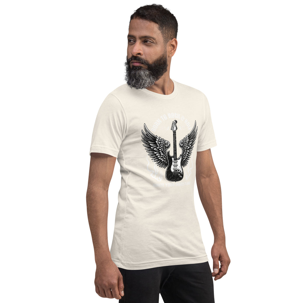 Vintage white graphic guitar tee with winged wings design, crew neck