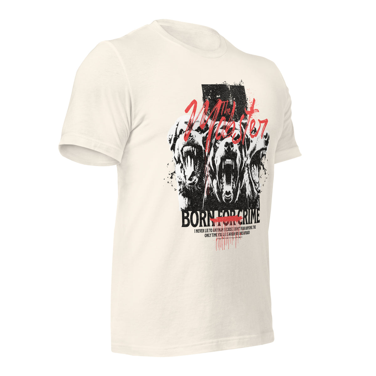 Vintage white unisex graphic t-shirt front with animal face print and “Born for Crime”