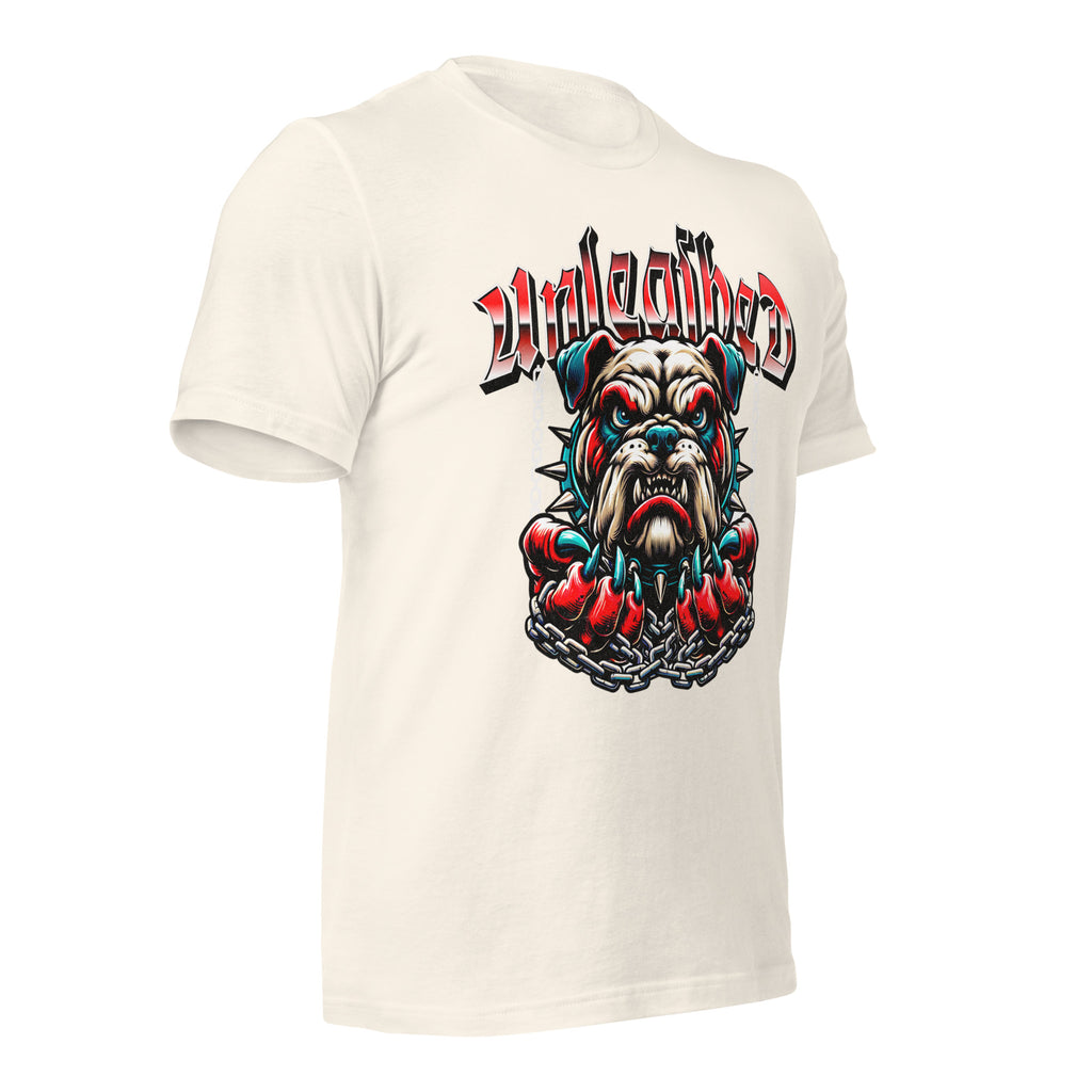 Unleashed graphic tee, vintage white; front bulldog graphic with stylized lettering