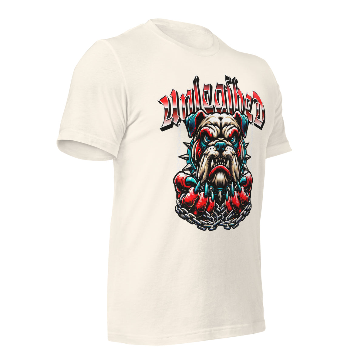 Unleashed graphic tee, vintage white; front bulldog graphic with stylized lettering
