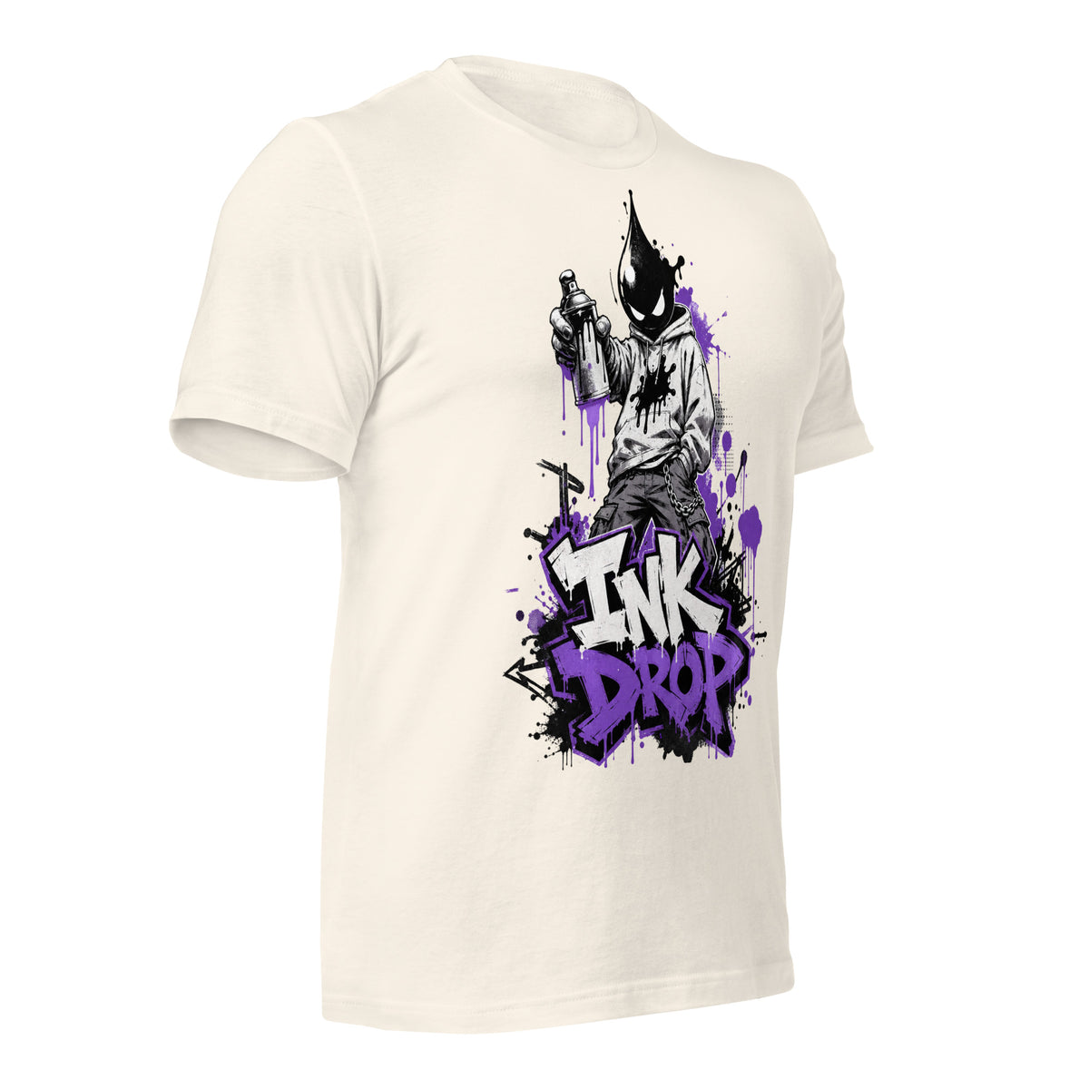 Women's graphic tee, vintage white, full front purple splatter logo print