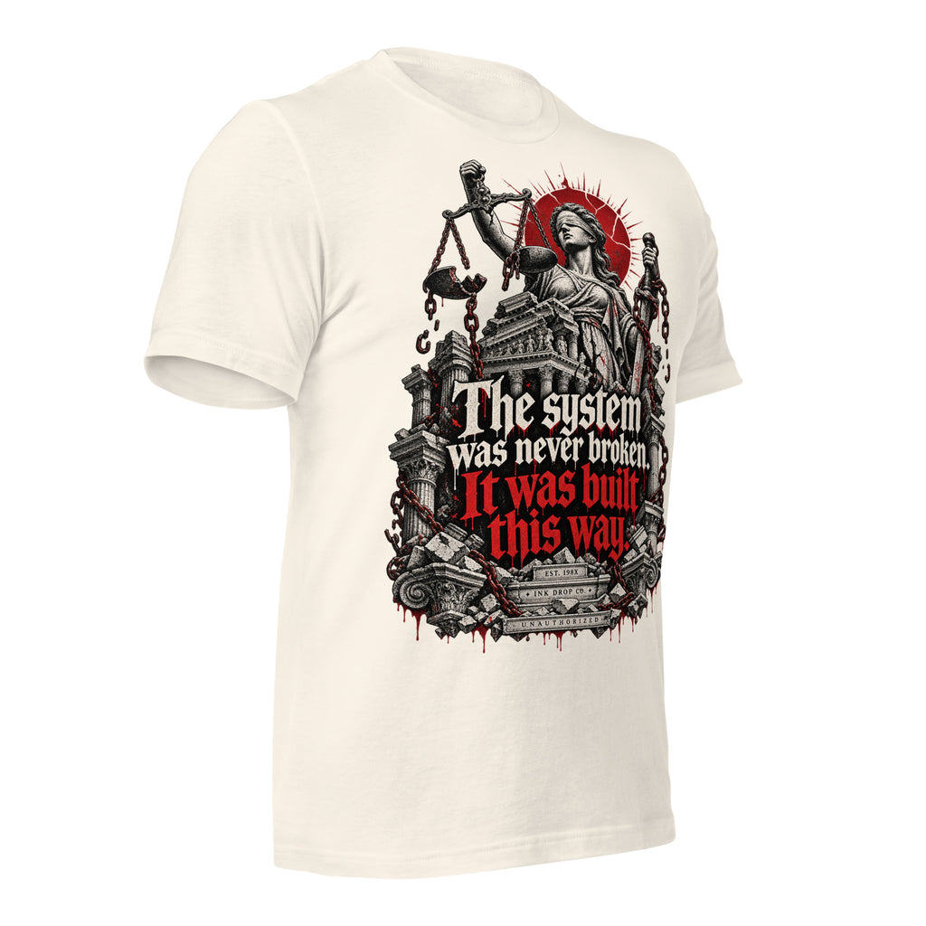 Women’s vintage white justice graphic tee with Lady Justice chains and red slogan print