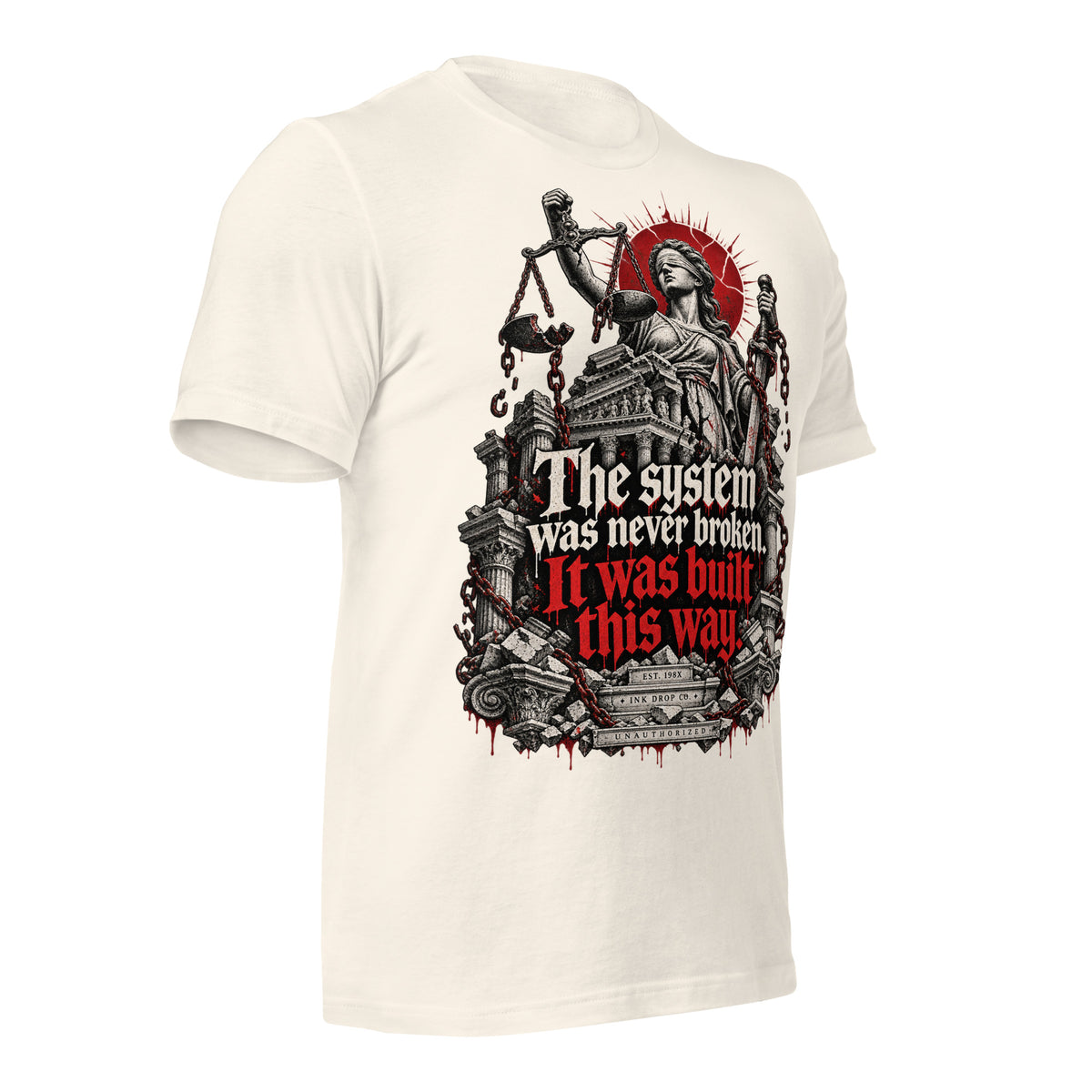 Women’s vintage white justice graphic tee with Lady Justice chains and red slogan print