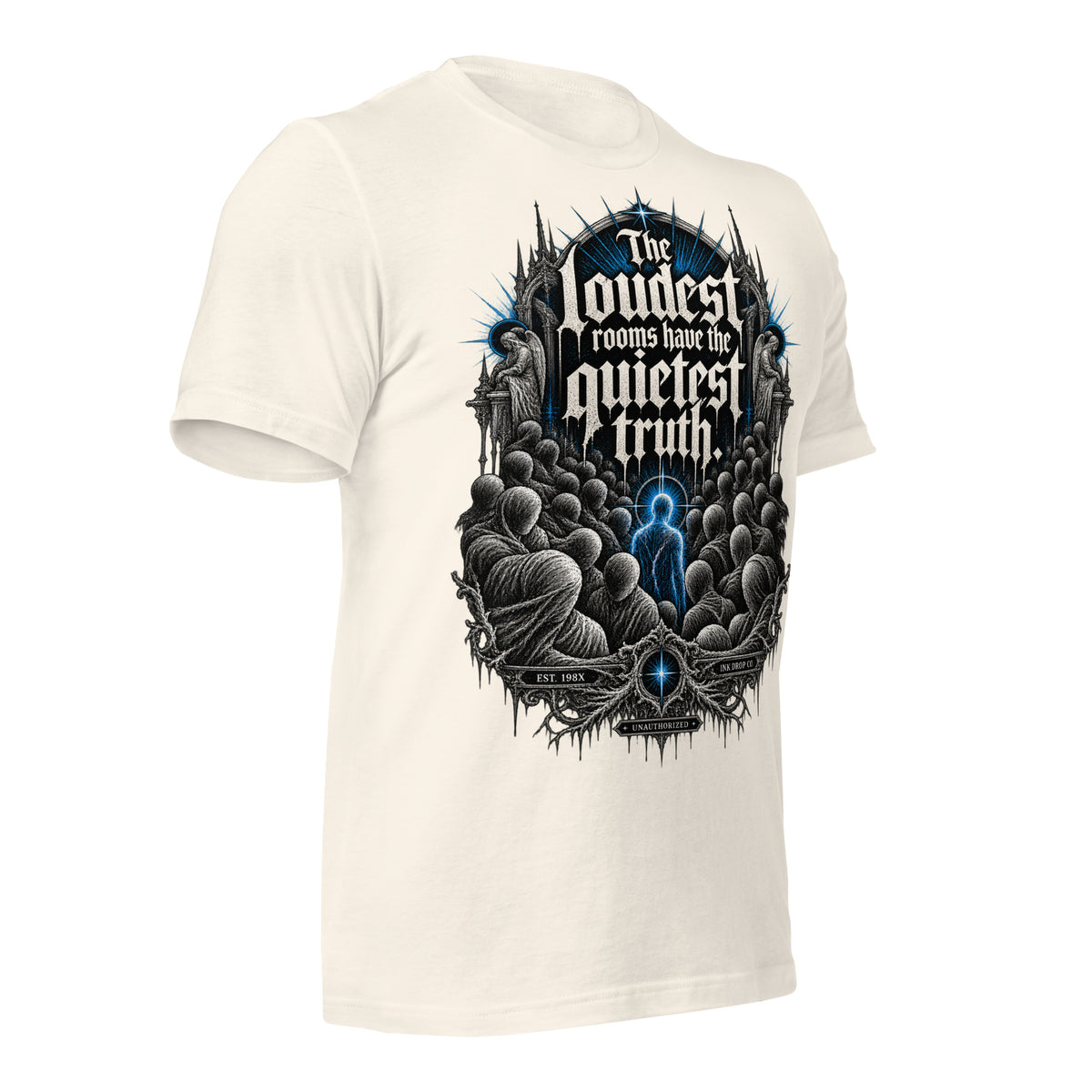 Women’s gothic tee in vintage white, back graphic logo with blue highlights