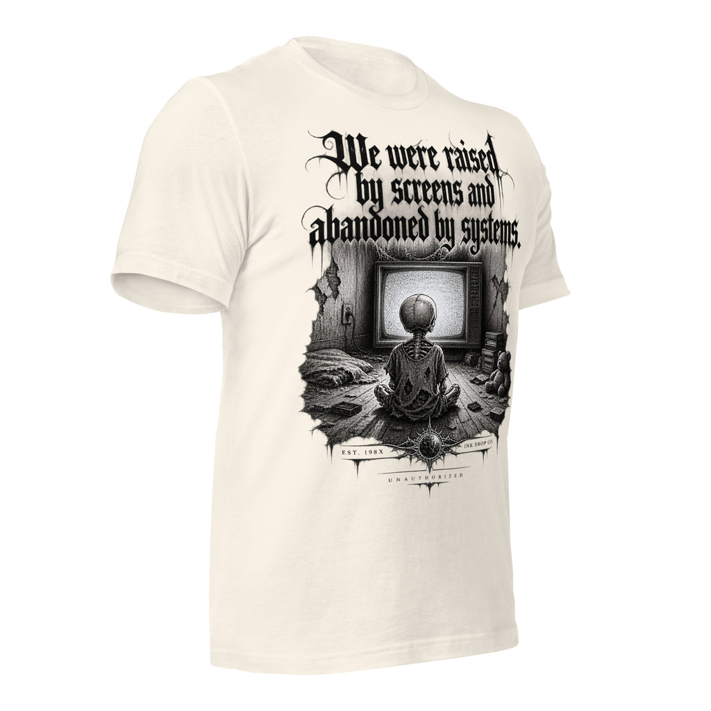 Women’s graphic tee in vintage white, front print with gothic scene and text