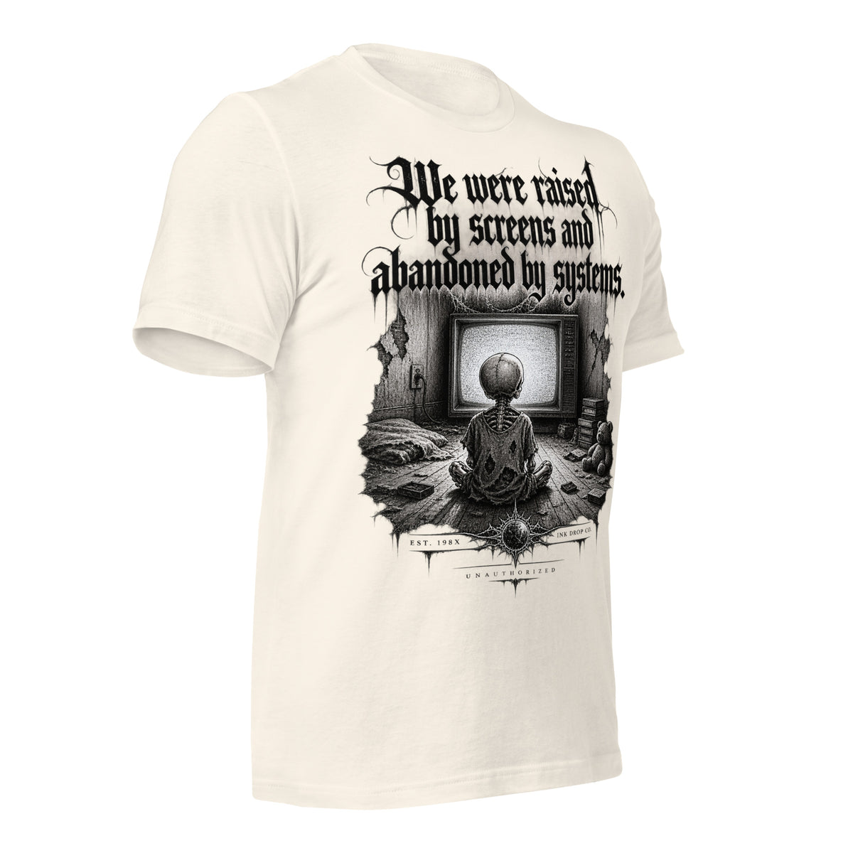 Women’s graphic tee in vintage white, front print with gothic scene and text