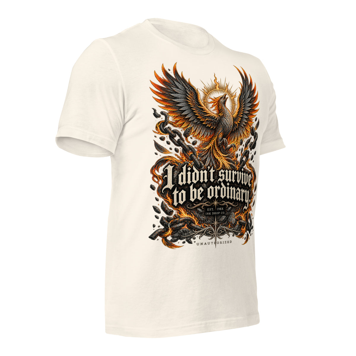 Women’s graphic tee in vintage white with phoenix skull flame front graphic