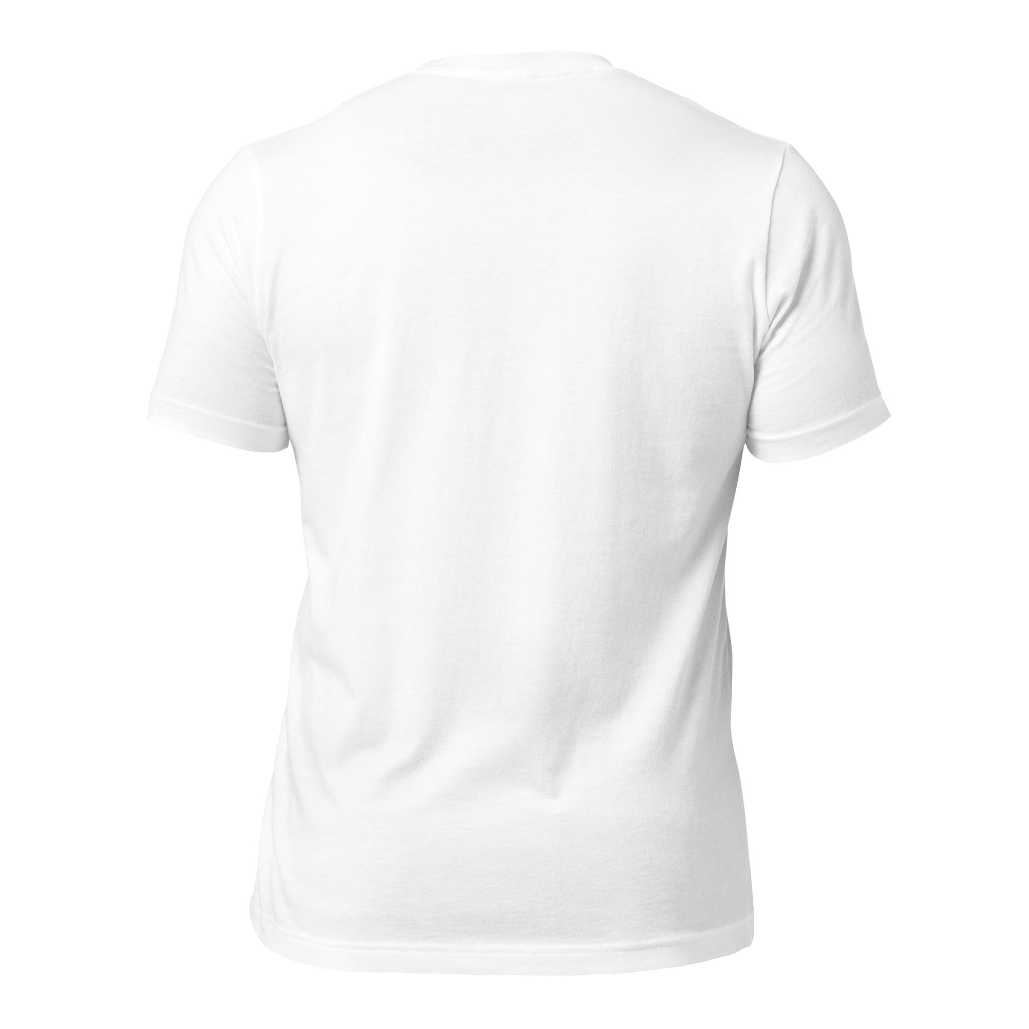 White unisex graphic T-shirt, plain back with crew neck and short sleeves