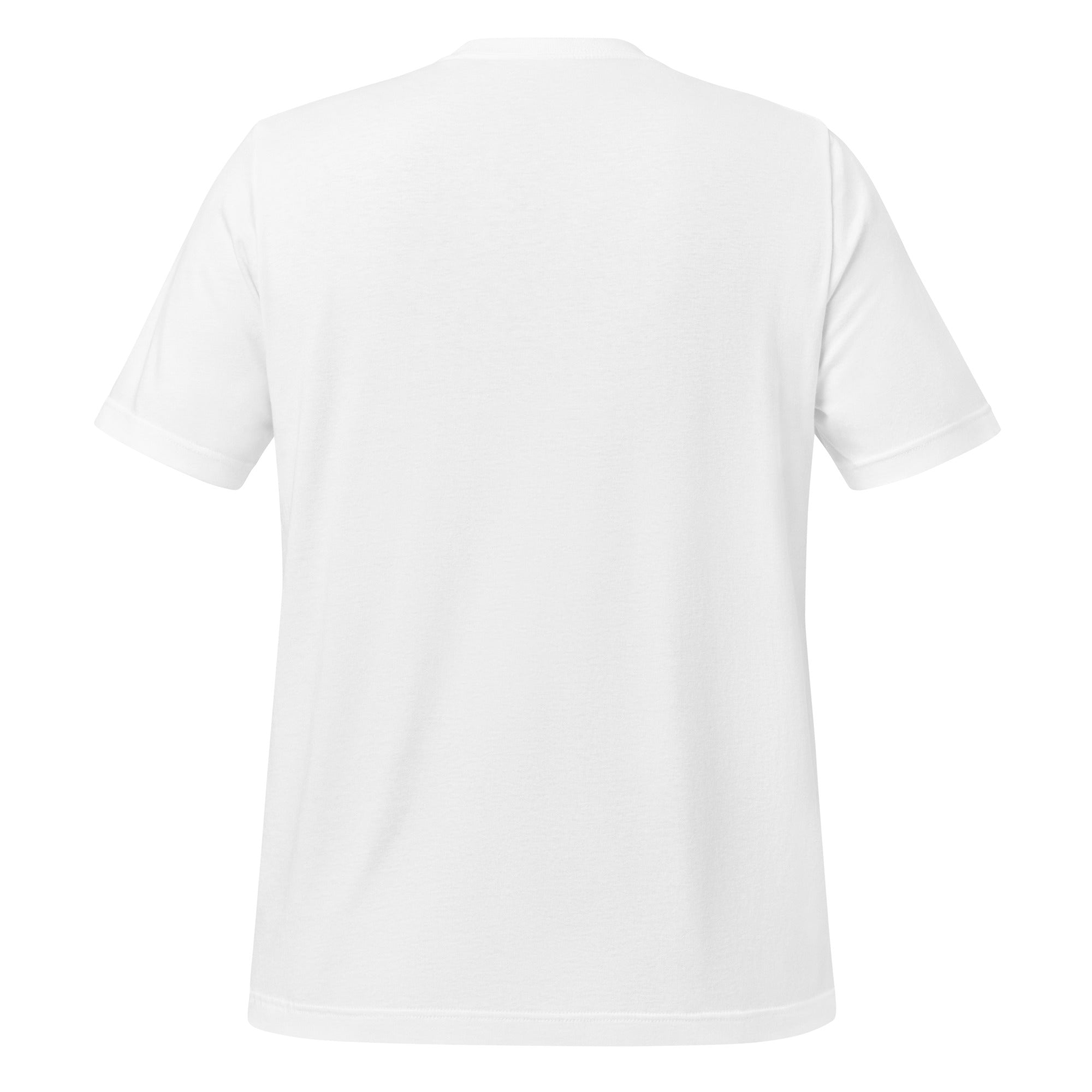 White unisex graphic T-shirt, plain back, short sleeves, crew neck.