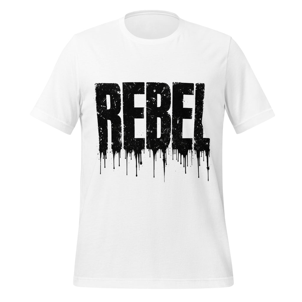 White women's t-shirt with REBEL dripping graphic on the chest, crew neck, short sleeves.