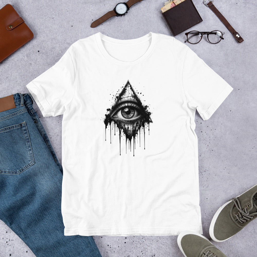 Unisex white t-shirt with black all-seeing eye splash graphic and dripping ink design