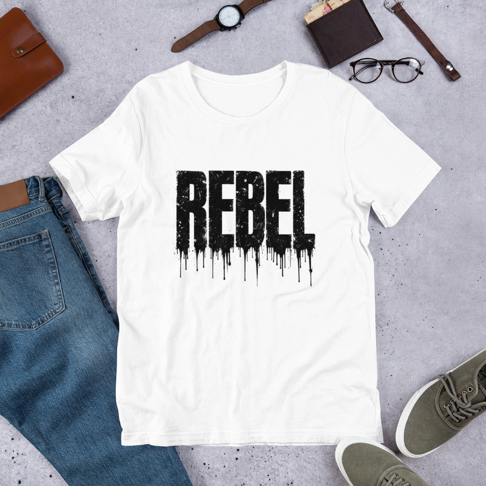 White men's graphic T-shirt with Rebel logo and ink-splash dripping print