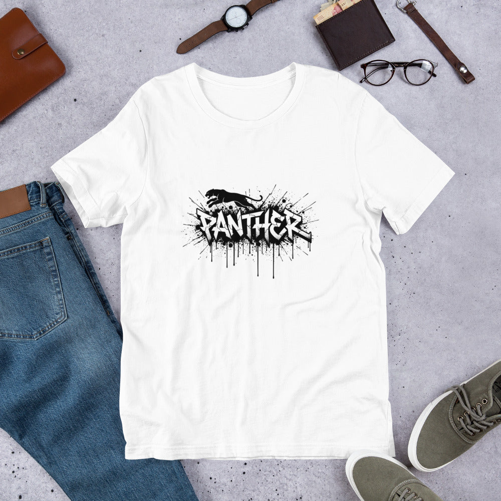 Men's white t-shirt laid flat with 'PANTHER' panther logo graphic
