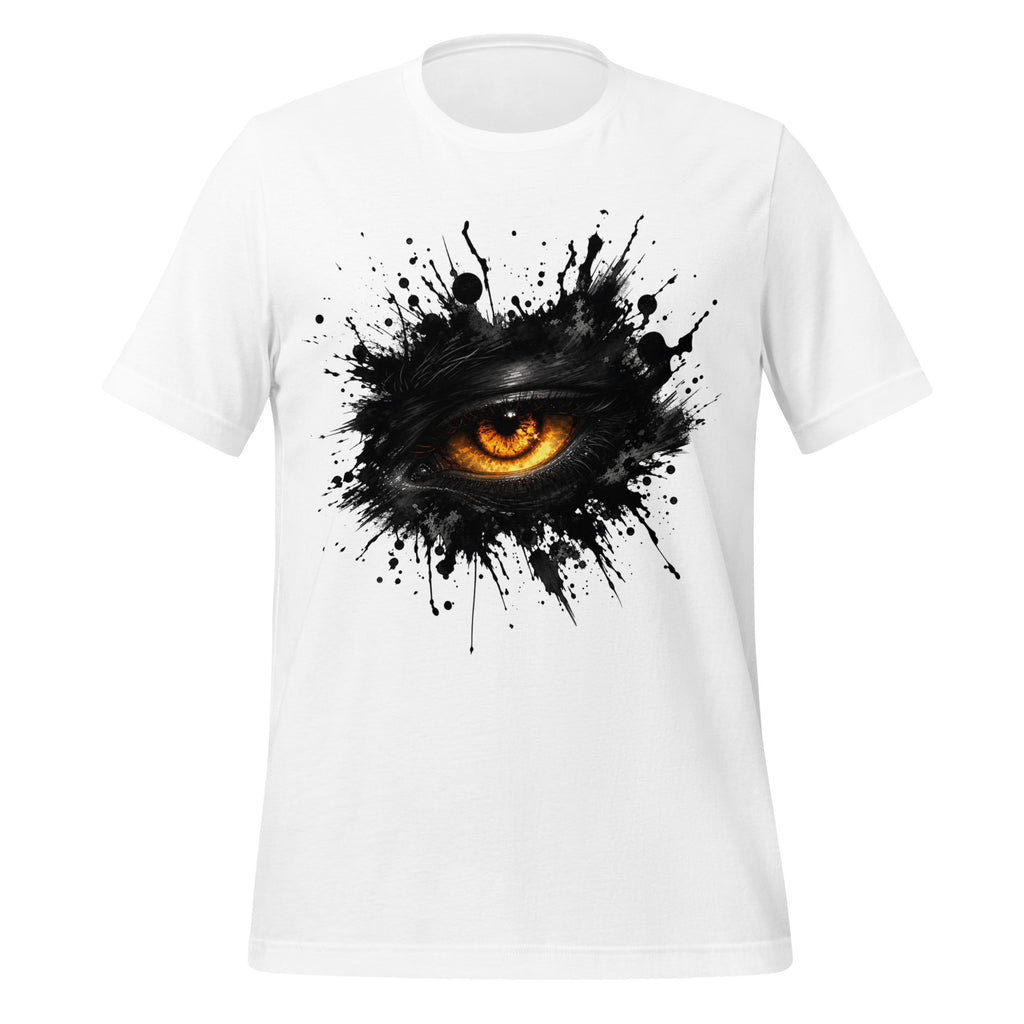 White T-shirt with glowing eye ink-splash graphic on front.