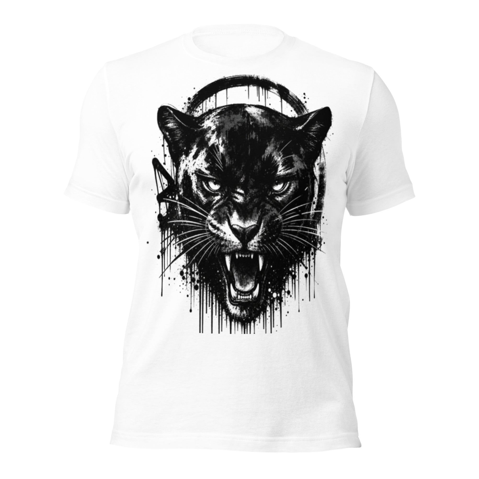 Women’s graphic t-shirt in white with black panther ink-splatter print front