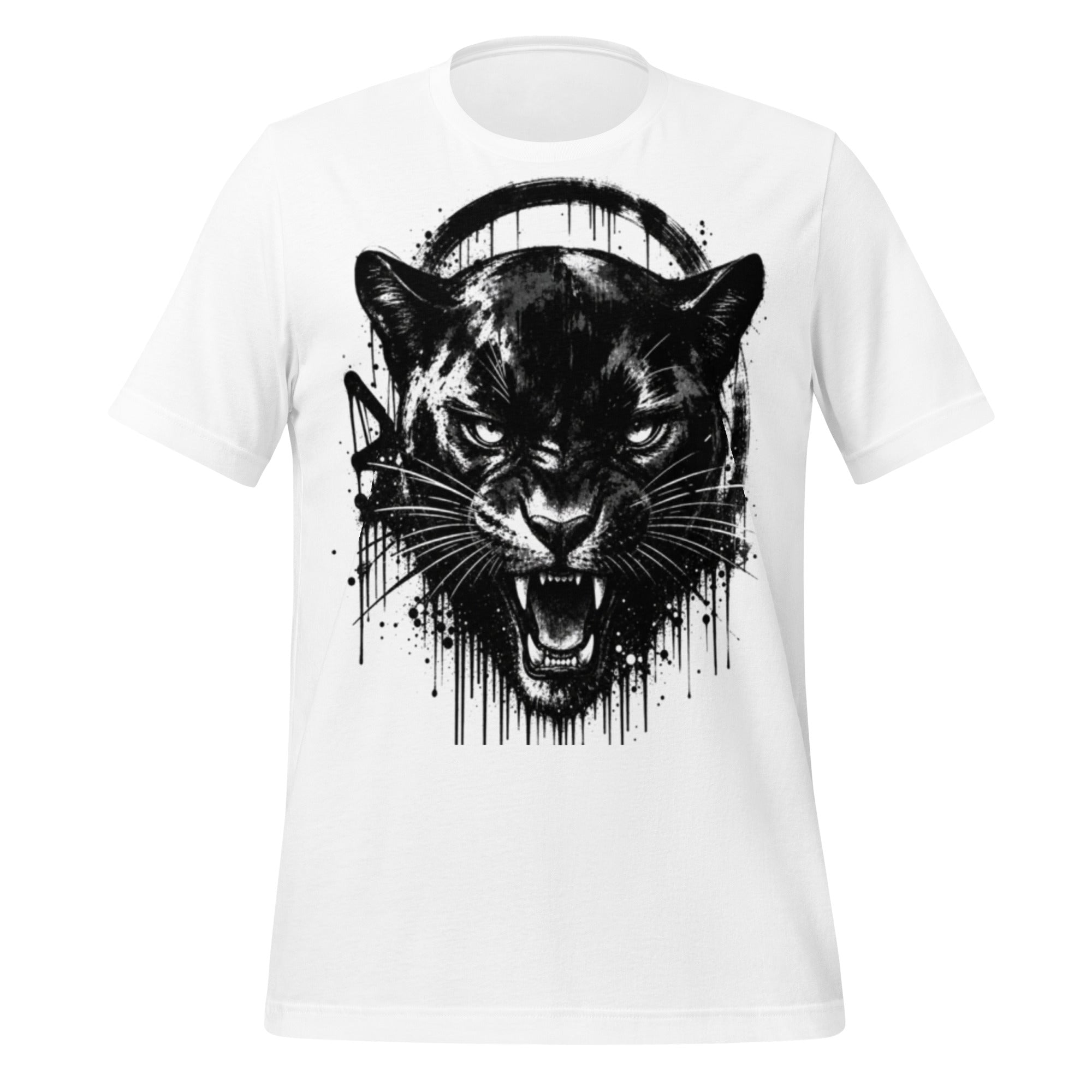 Unisex panther graffiti T-shirt, white, front large panther face graphic.