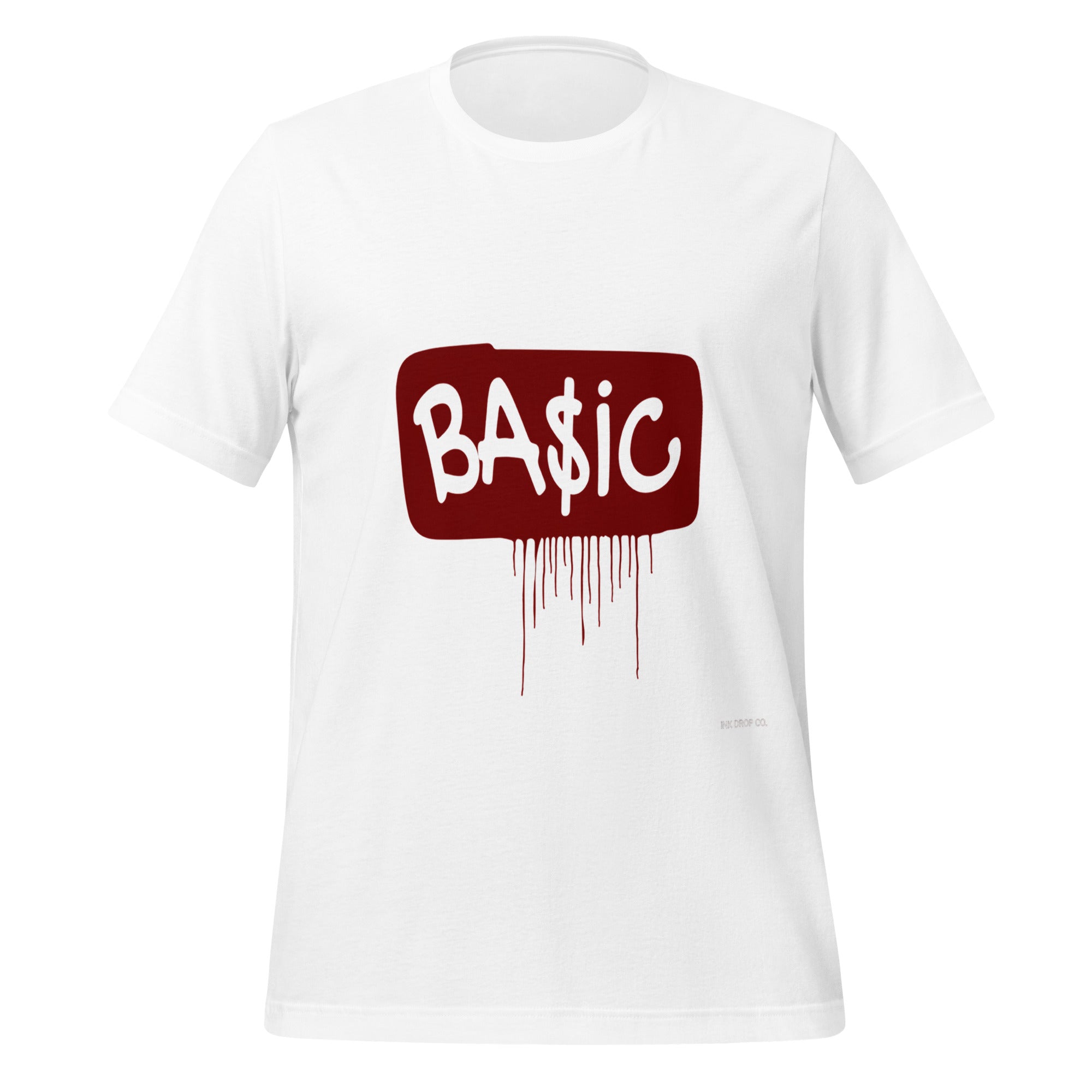 Men's graphic T-shirt, white, red BA$IC logo with drip design on front.