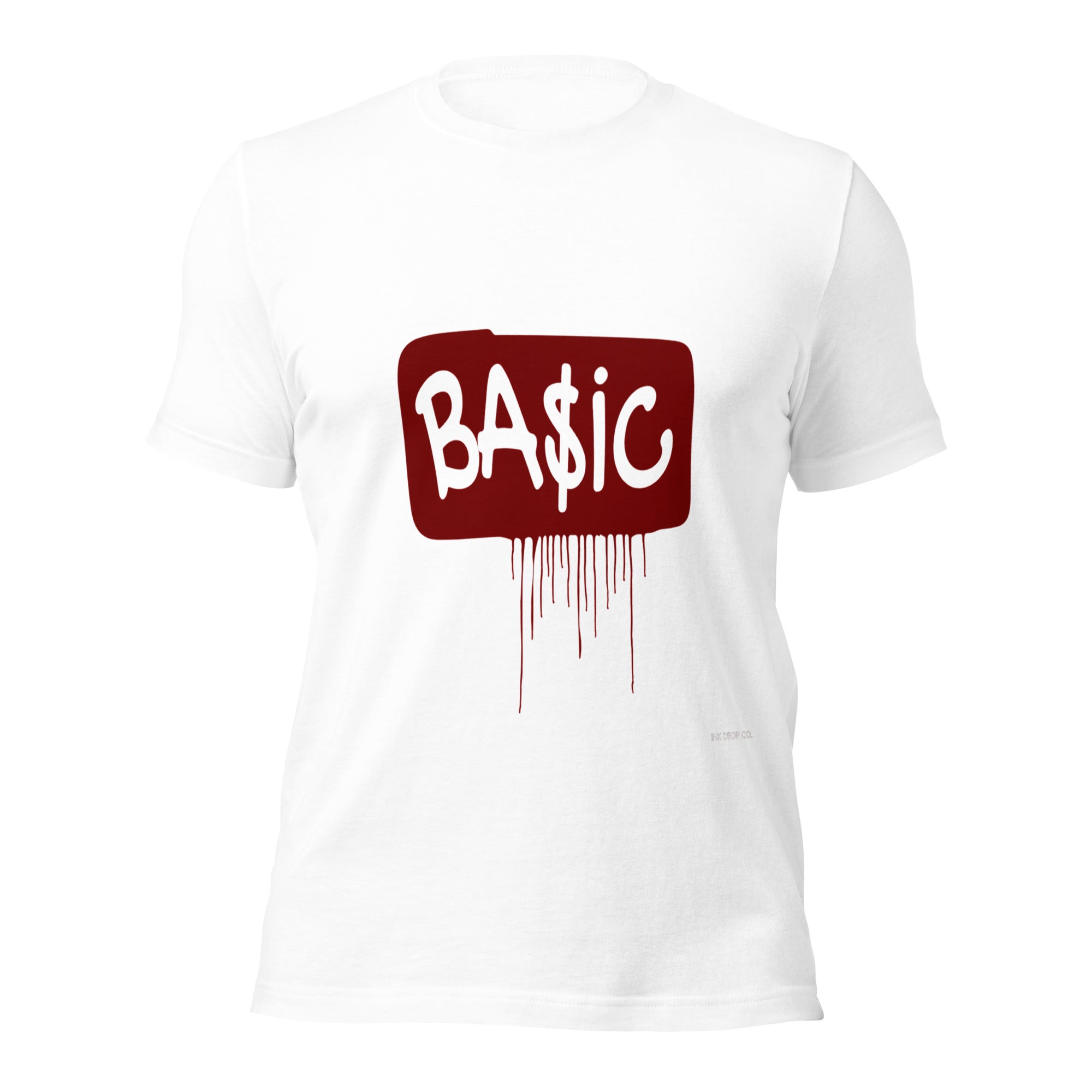 Women's graphic t-shirt, white with BA$IC ink-drop logo print