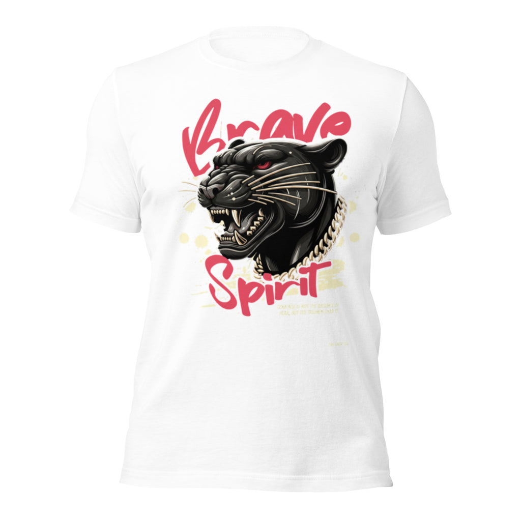White unisex T-shirt with black panther head graphic and red text on back