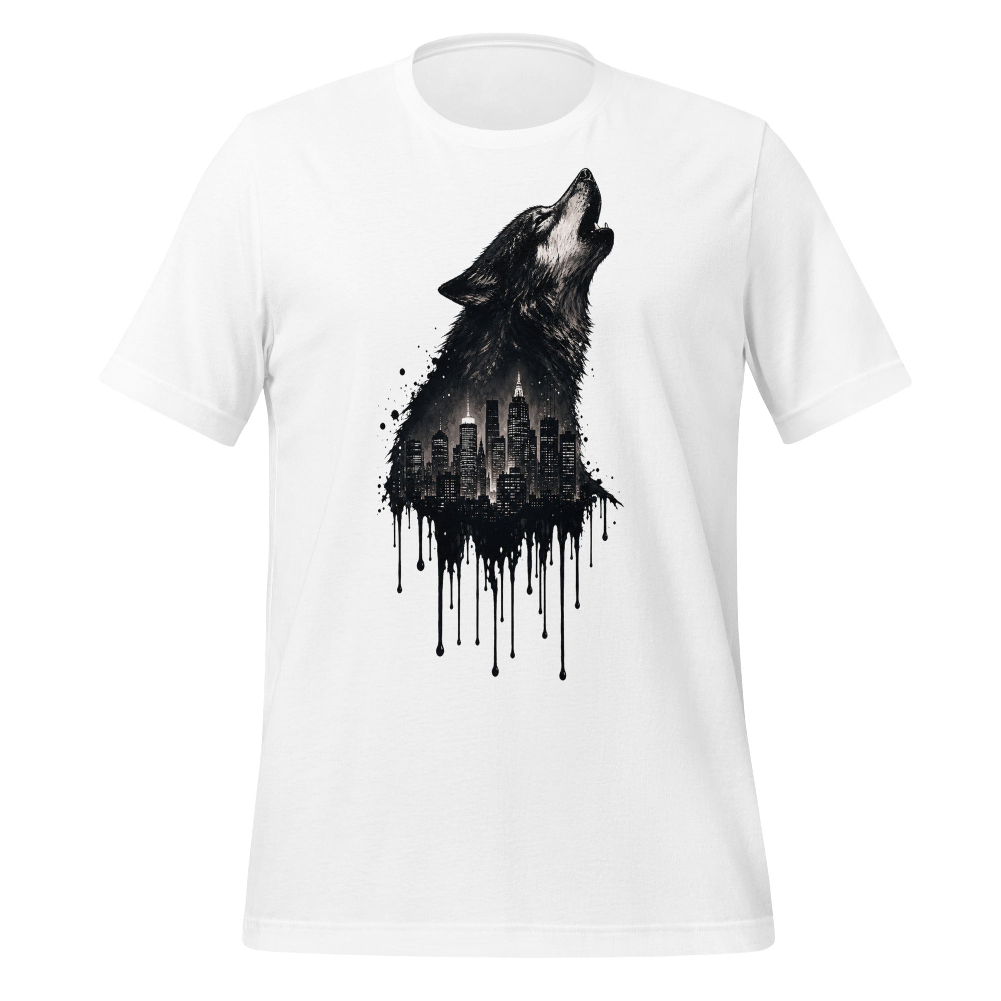 Men's graphic t-shirt in white with black wolf and city skyline front print