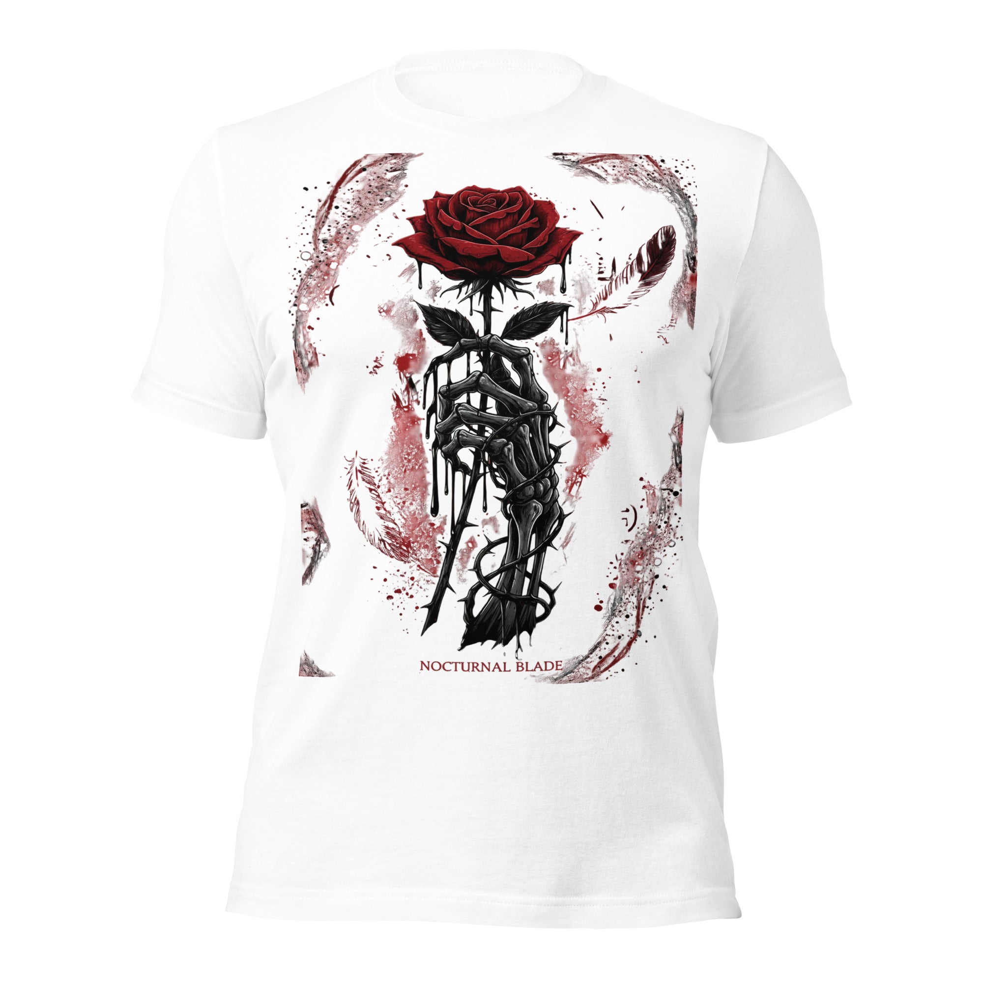 Women's white graphic t-shirt with red rose and black skeleton blade design, crew neck.