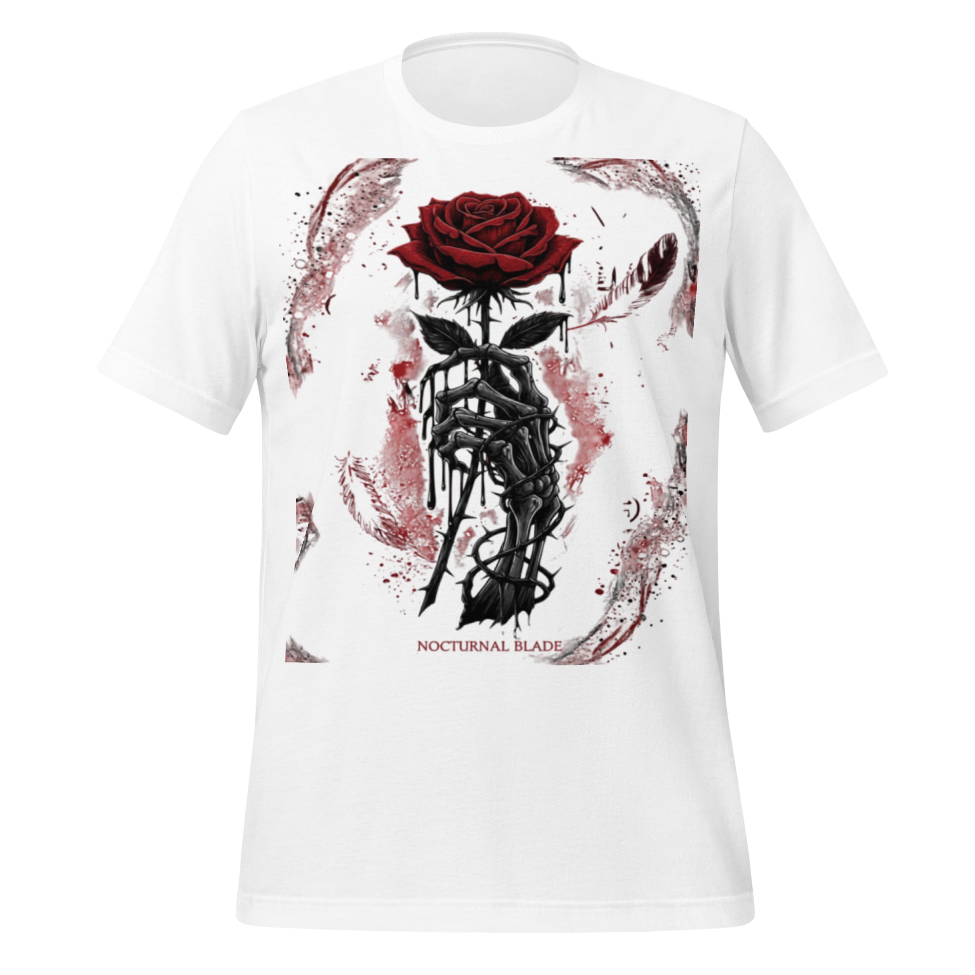 White unisex graphic T-shirt with red rose and dark skeleton sword art on front