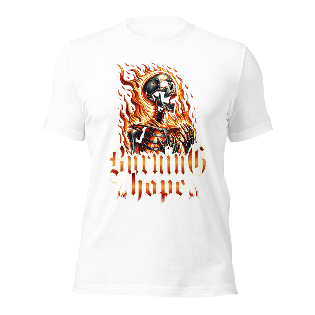 Unisex graphic T-shirt in white with flame skull print on the front