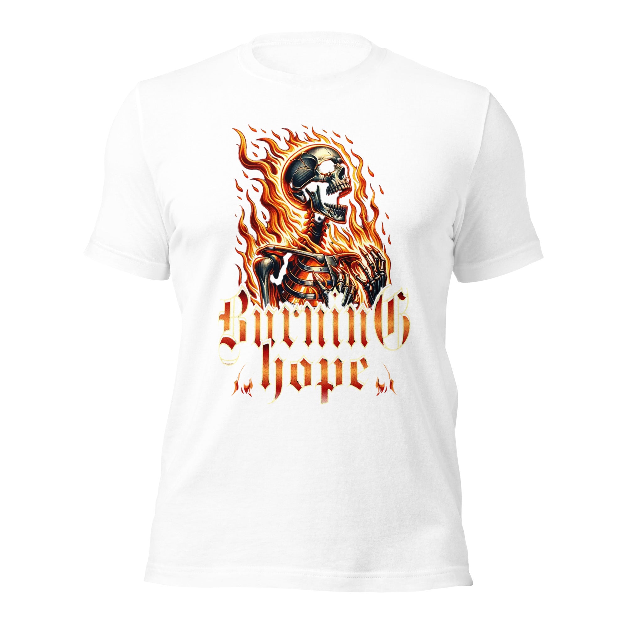 Unisex graphic T-shirt in white with flame skull print on the front