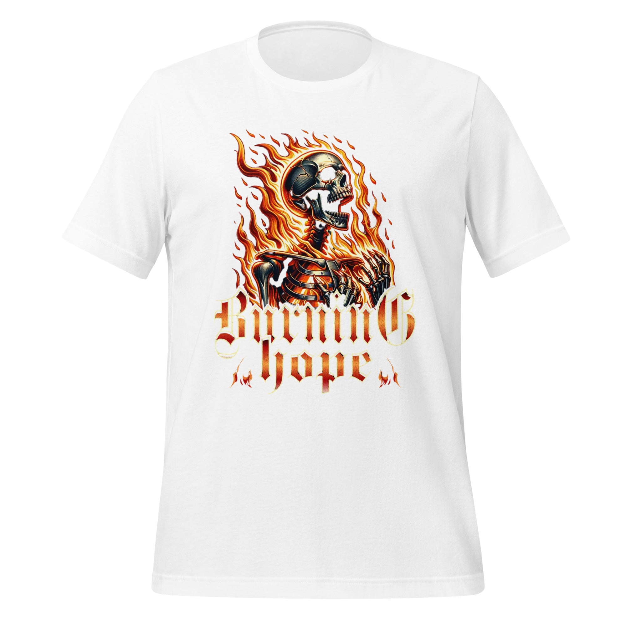 White unisex graphic T-shirt with flaming skull and Burning Hope graphic on chest.