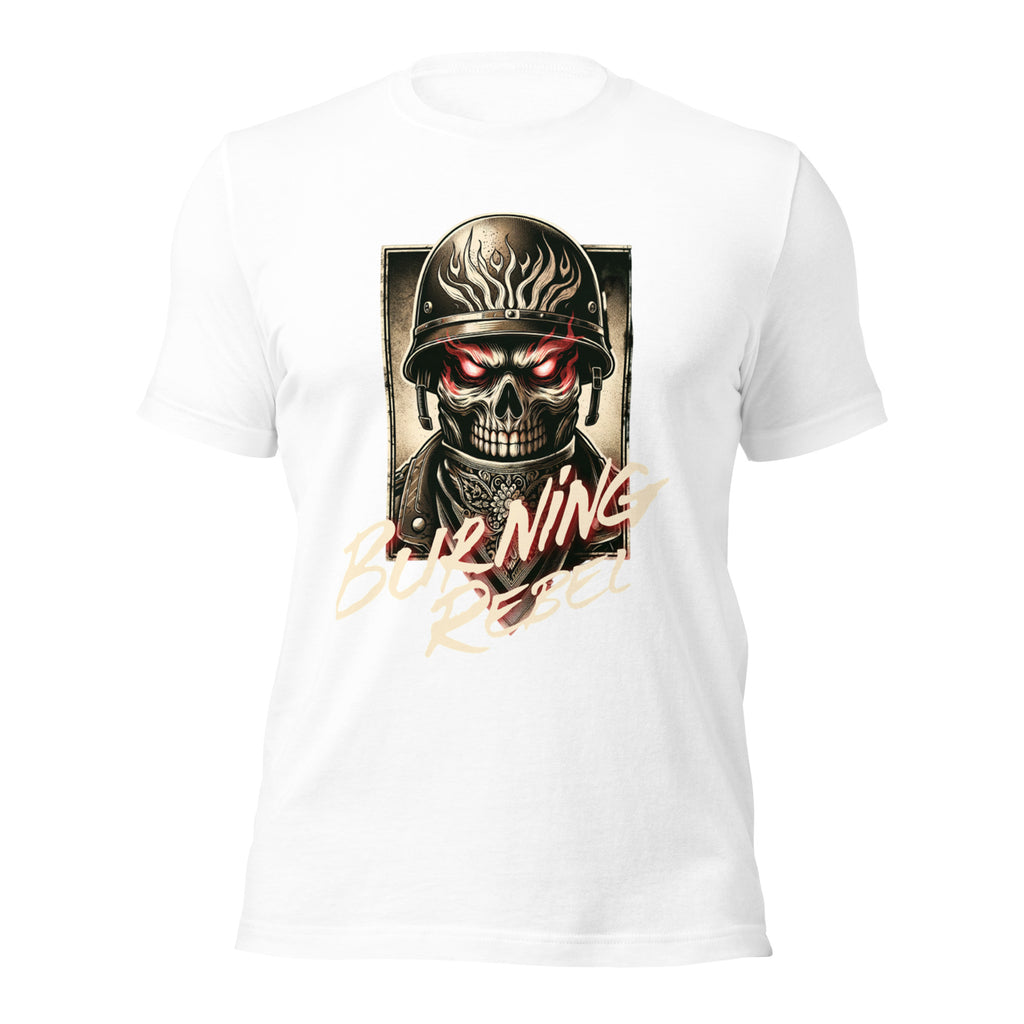 Unisex graphic T-shirt, white, skull-in-helmet front print with Burning Rebel text