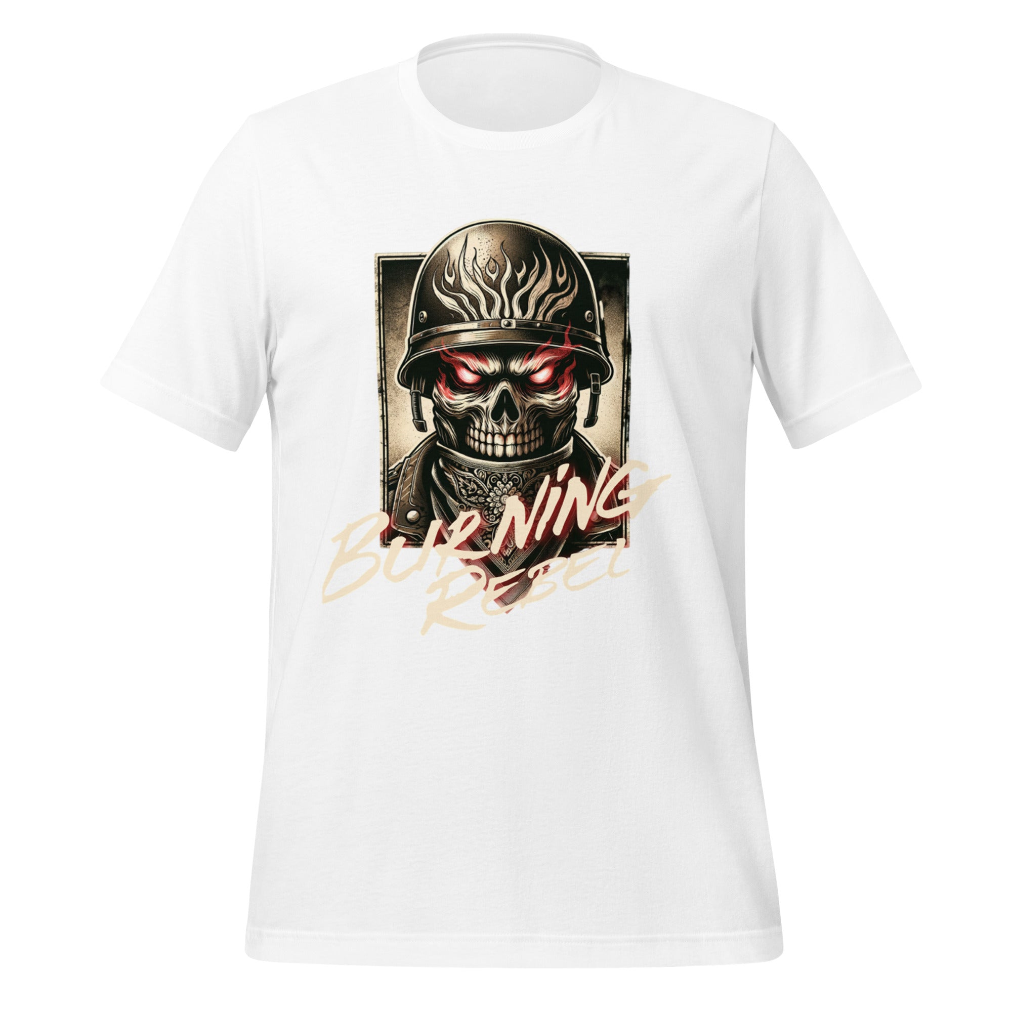 White unisex graphic T-shirt with skull helmet front print