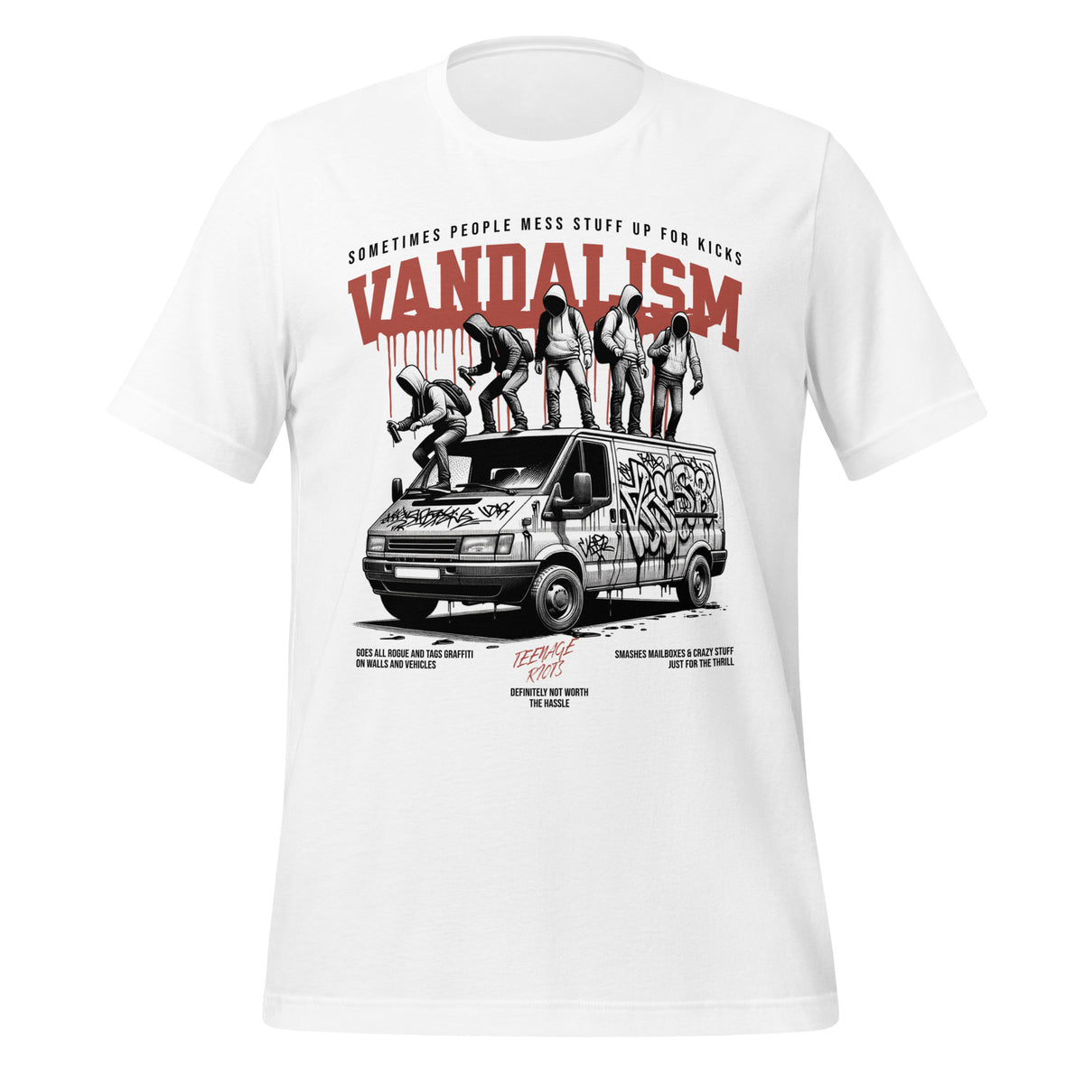 White graphic tee with large front illustration and red VANDALISM text