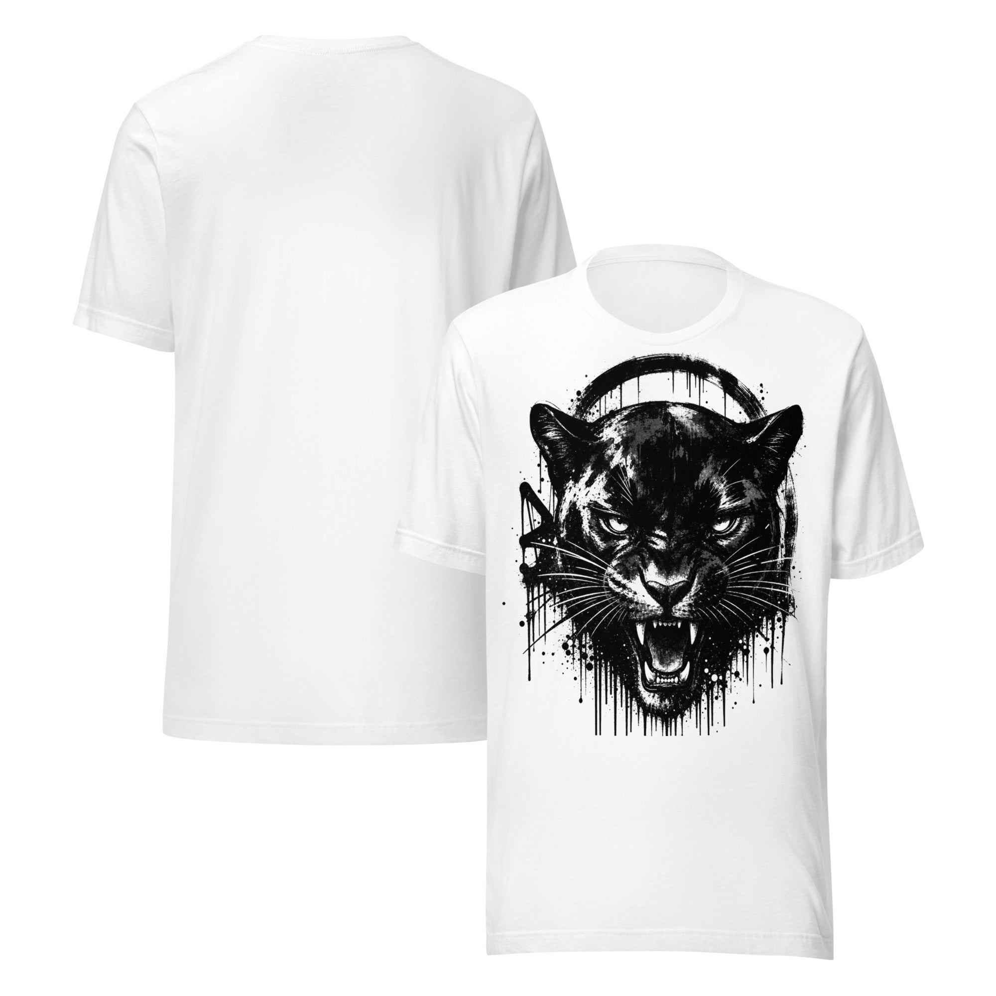 Men's panther ink splatter T-shirt, white, front/back with bold panther face print