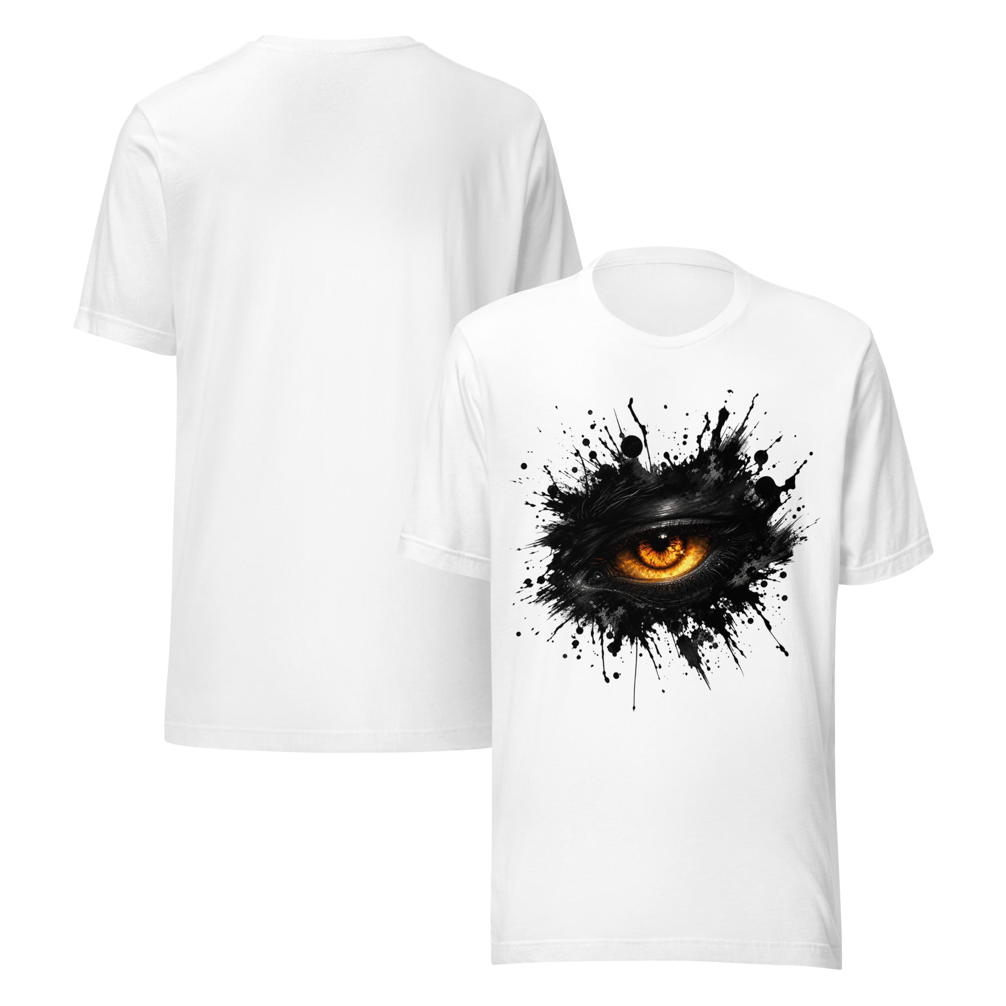White unisex T-shirt with glowing eye splash graphic on the front
