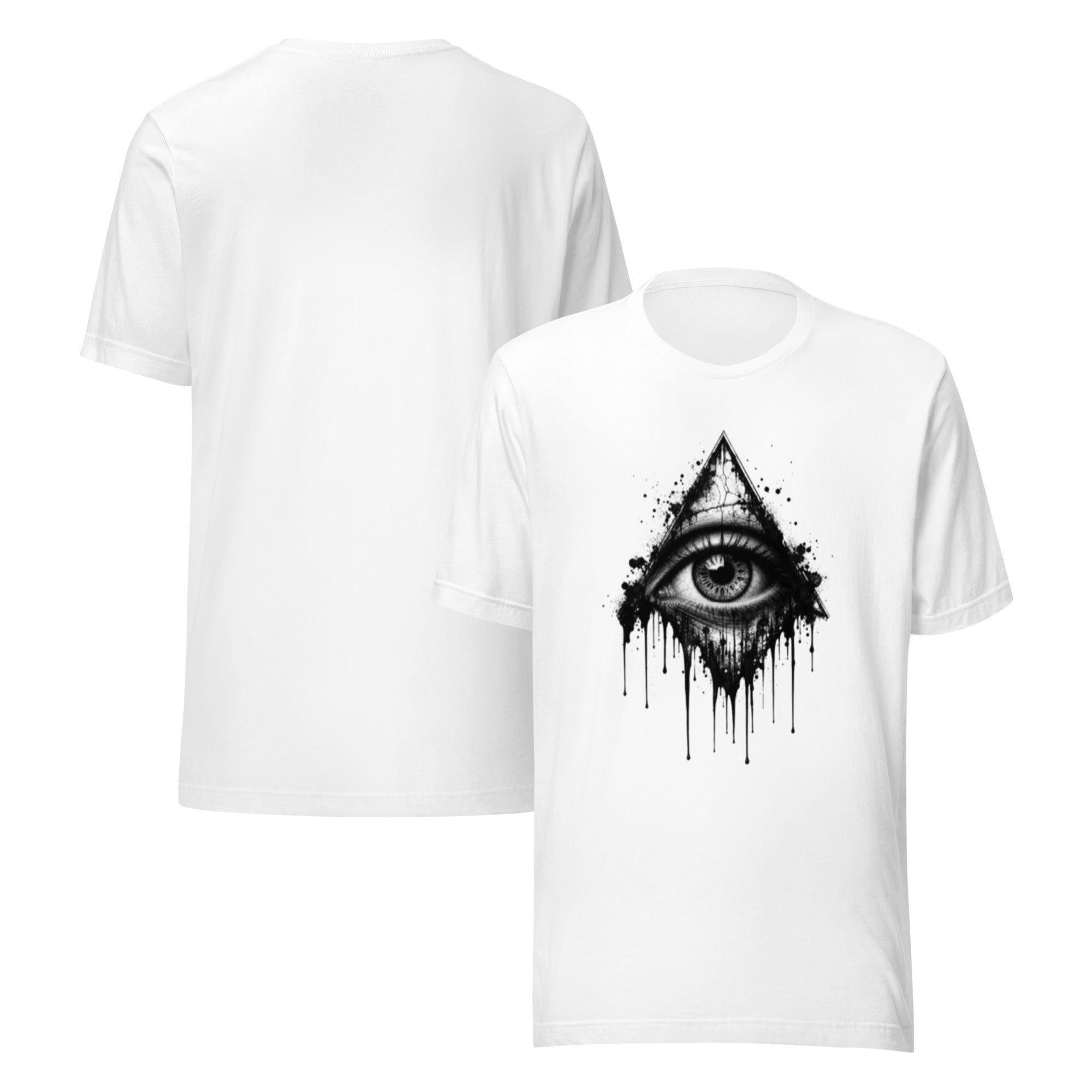 White men’s graphic T-shirt with all-seeing eye face surrounded by triangle drips
