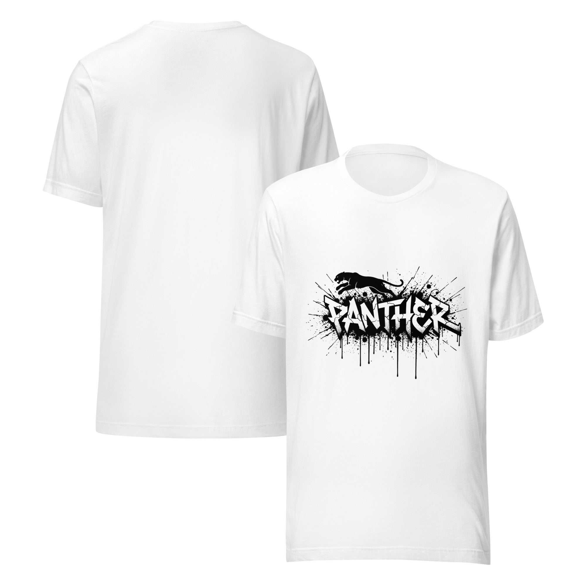 White crewneck T-shirt with Panther graphic, front and back shown.