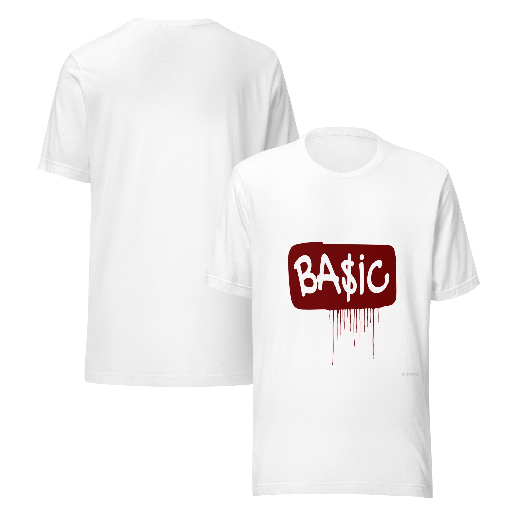 Women's graphic t-shirt, white with red BA$IC logo print on front