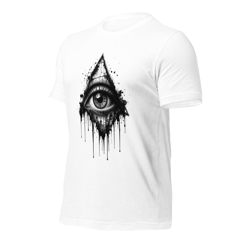Women's white T-shirt with black eye drip graphic on the chest