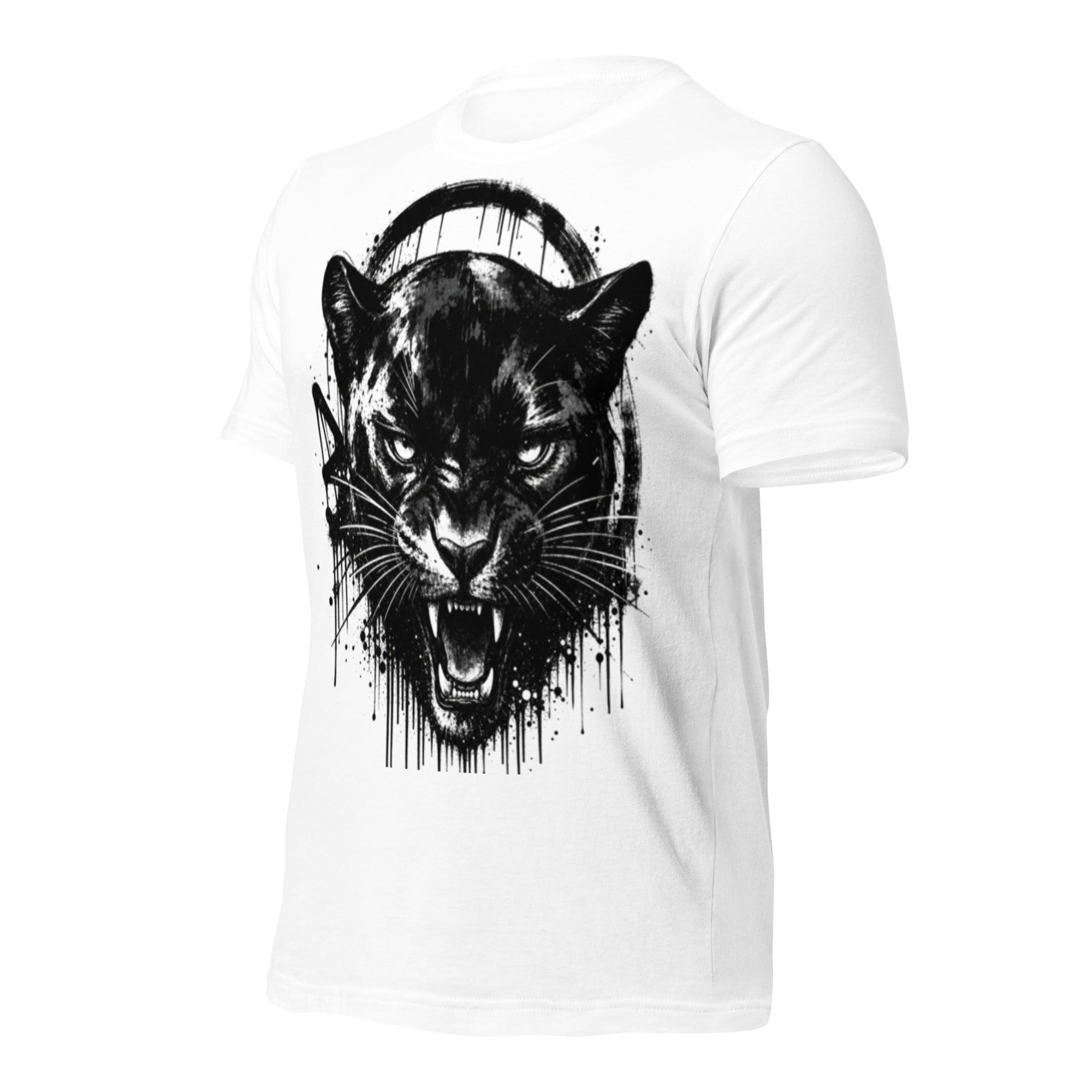 Unisex panther graffiti T-shirt, white, front ink-splatter panther graphic.