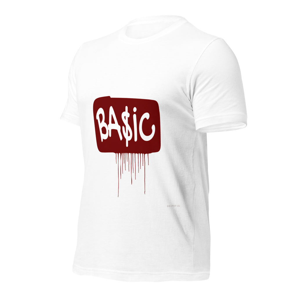 Women's graphic t-shirt, white with BA$IC ink-drop logo on back