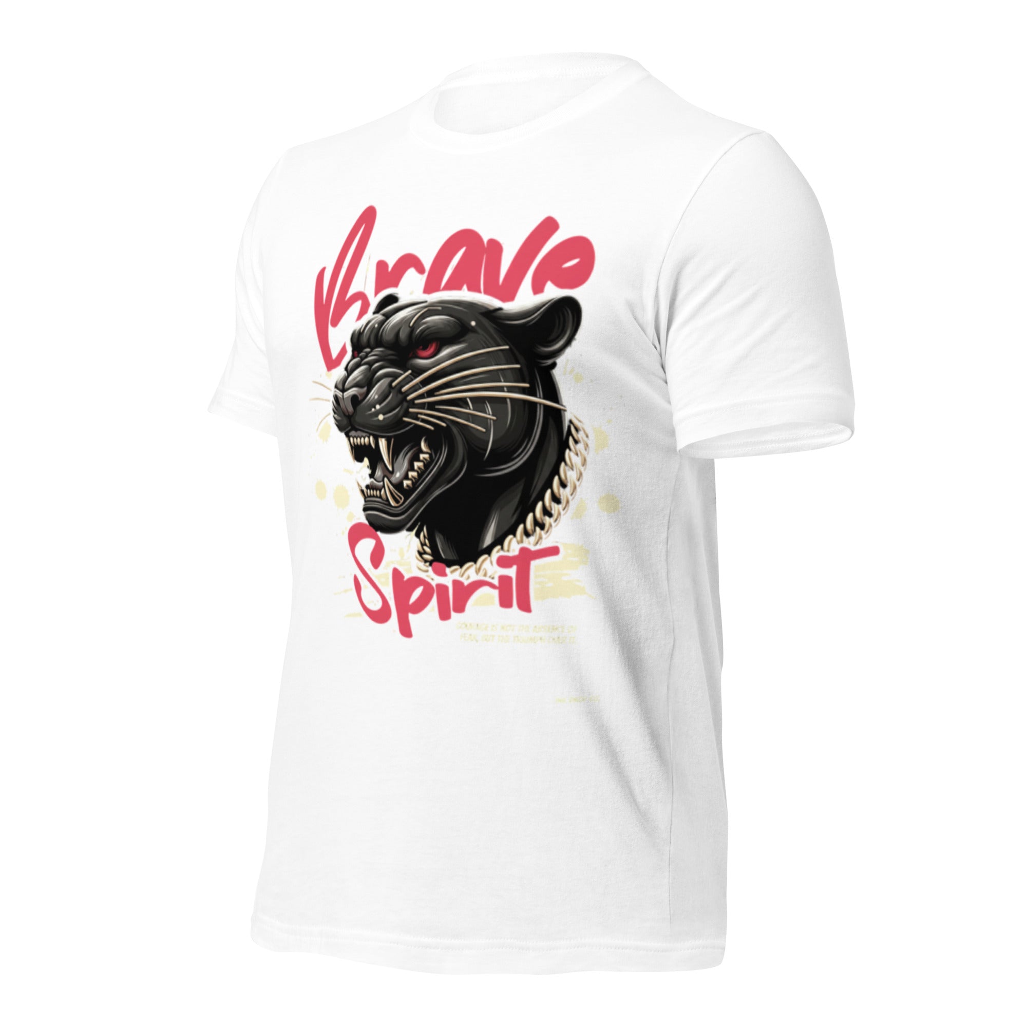 White unisex T-shirt with black panther head graphic and red text on back