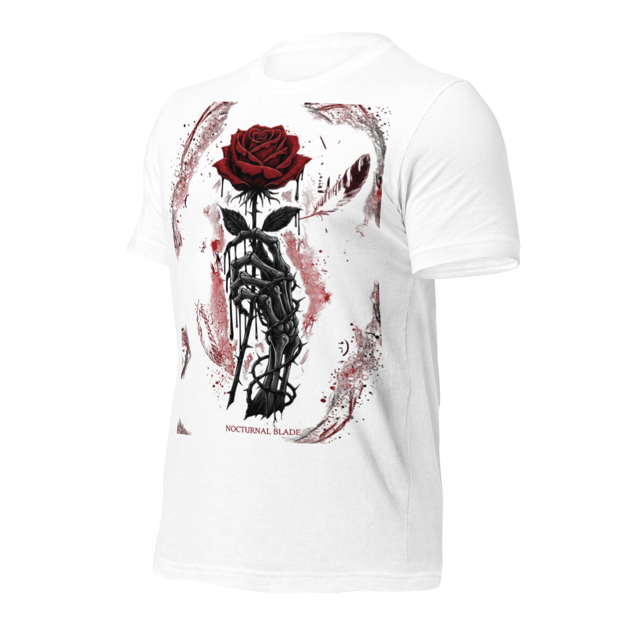 White unisex graphic T-shirt with rose and skeletal blade artwork