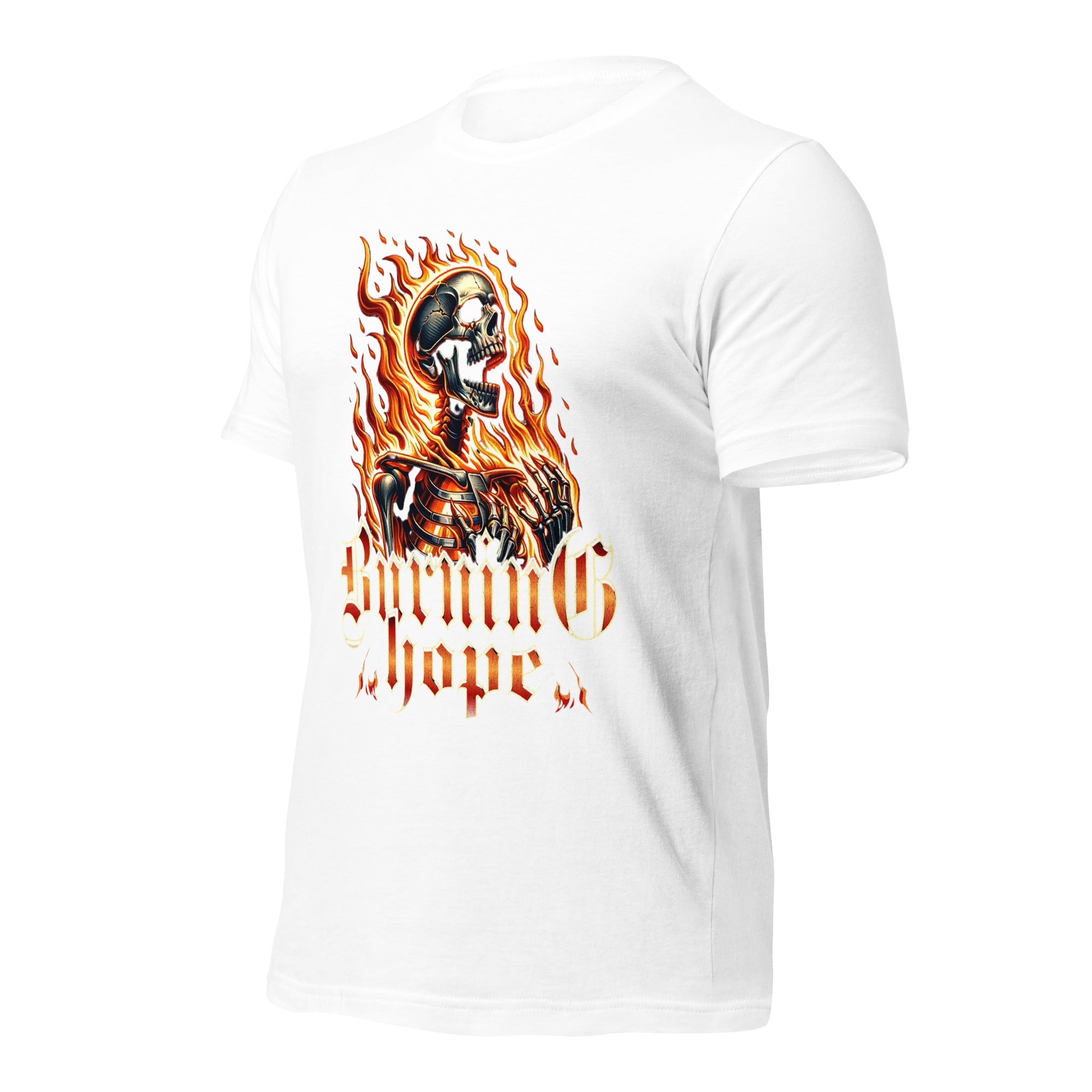 White unisex graphic T-shirt with flaming skull and Burning Hope text on chest