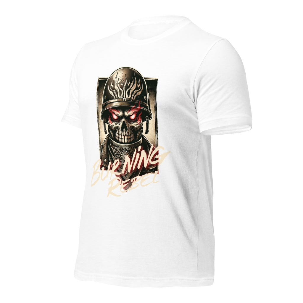 Unisex graphic T-shirt, white, front skull helmet print with red accents