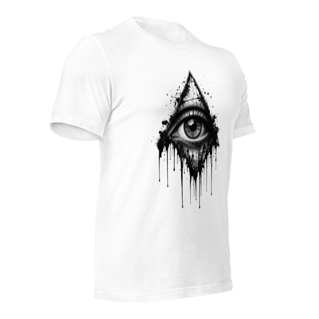 Women's white T-shirt with black eye drip graphic centered on the chest