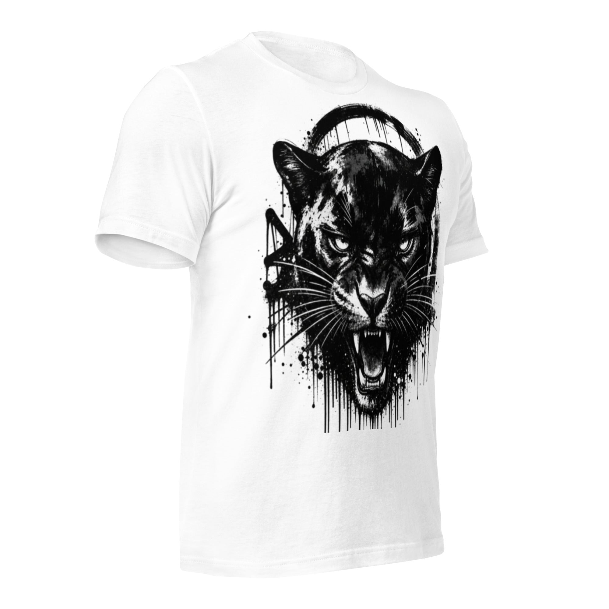 White unisex T-shirt with black panther head ink splatter front print