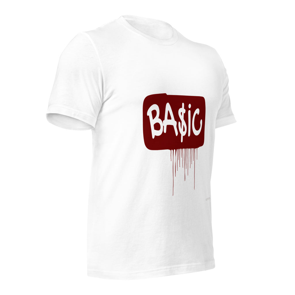 Women's graphic t-shirt, white with BA$IC ink-drop logo print on back