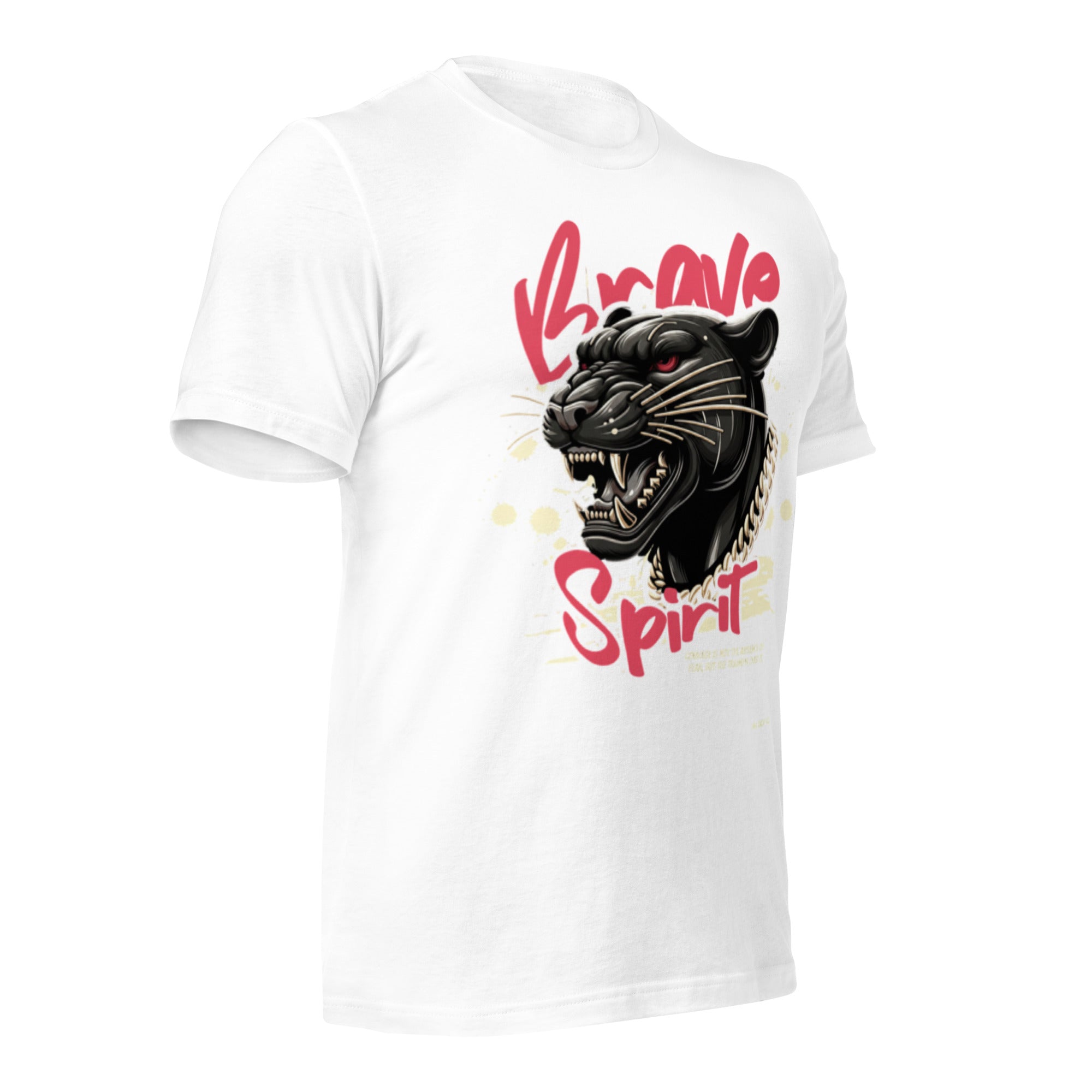White unisex T-shirt with black panther head graphic and red text on front