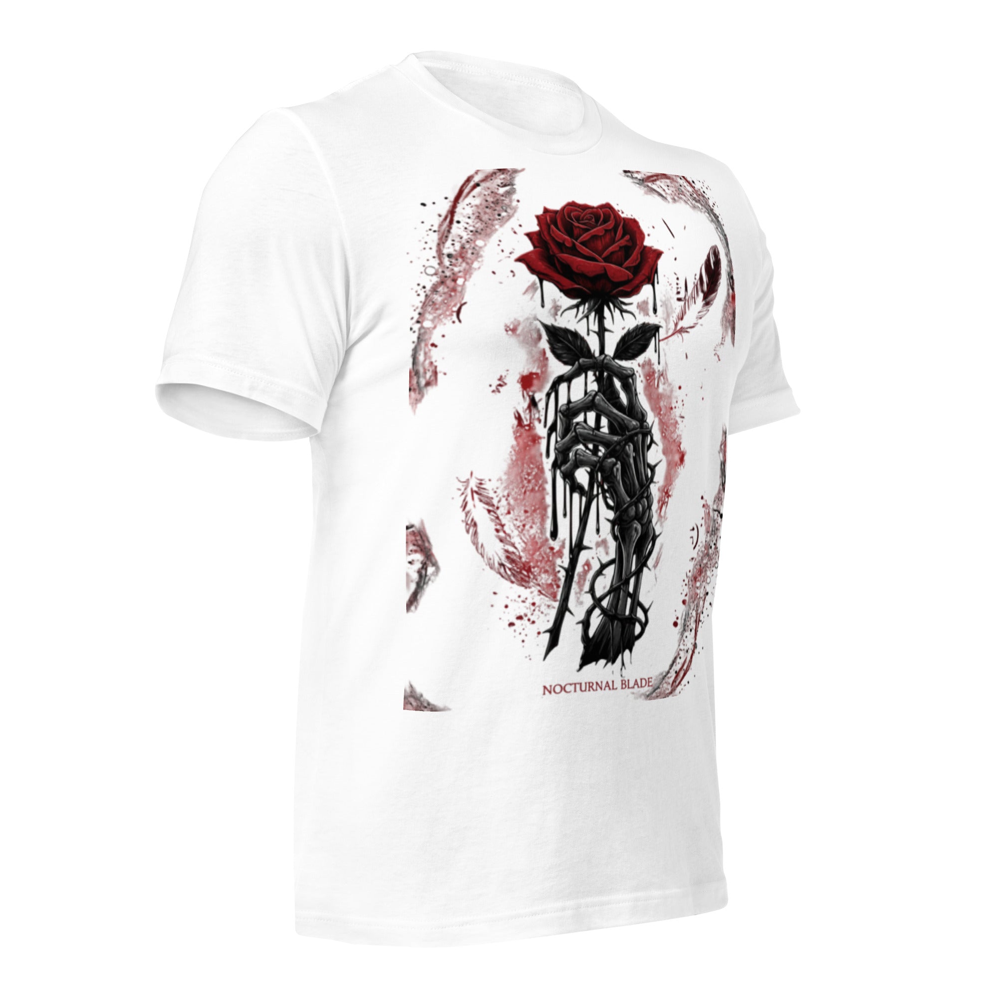 White unisex graphic T-shirt with rose and skeletal figure on front